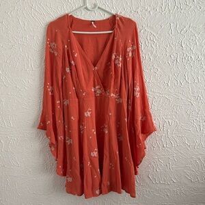 Free People Dress Papaya Orange Floral Mini Sz 4 Embroidered Bell Sleeve Zip